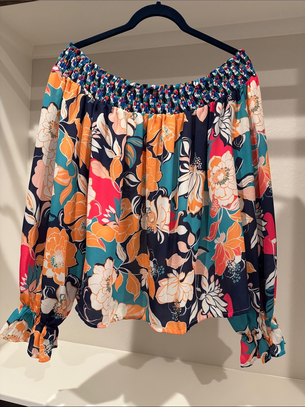 Flying Tomato Navy Floral Off-Shoulder Blouse with Teal & Coral